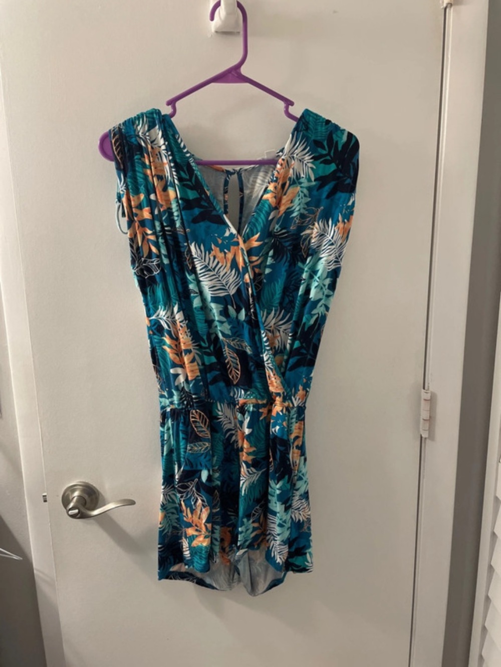 Market & Spruce Teal Tropical Print Romper with Orange Accents